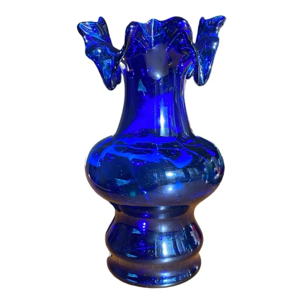 Vintage Mid Century Cobalt Blue Ruffled Glass Vase